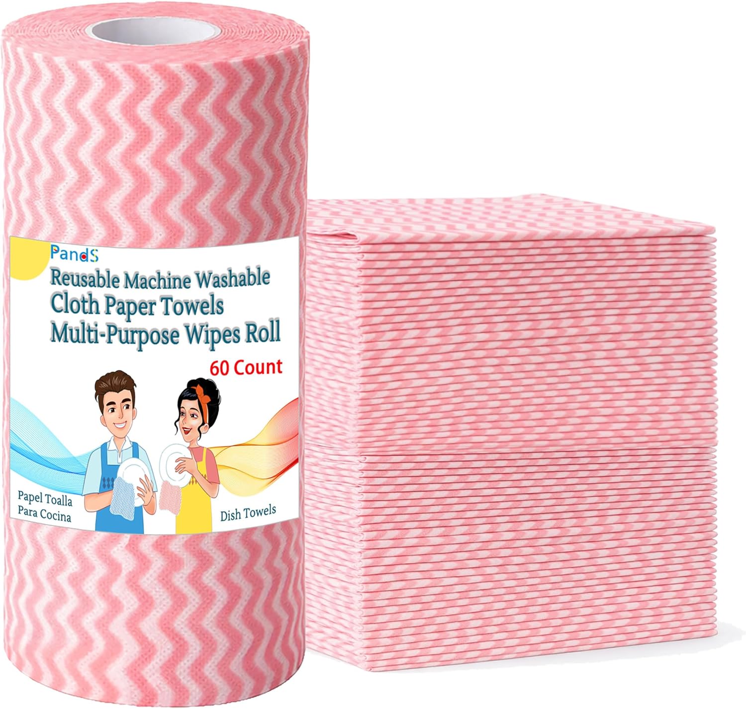 Reusable Paper Towels Washable, 60 Cts Disposable Cleaning Dish Cloths, Multi-Purpose Kitchen Wipes Roll, Pink