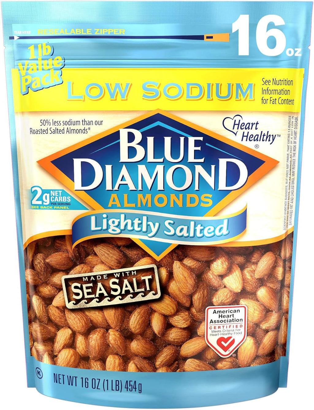 Blue Diamond Almonds Low Sodium Lightly Salted Snack Nuts, 16 Oz Resealable Bag (Pack of 1)