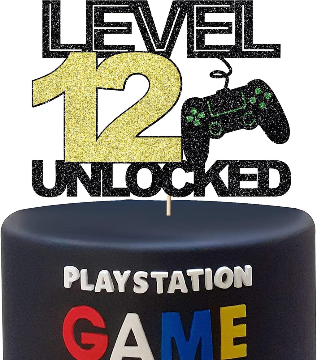 level 12 unlocked cake topper official teenager 12th birthday cake decoration, video game controller theme happy birthday party decoration, black gold glitter cake decoration