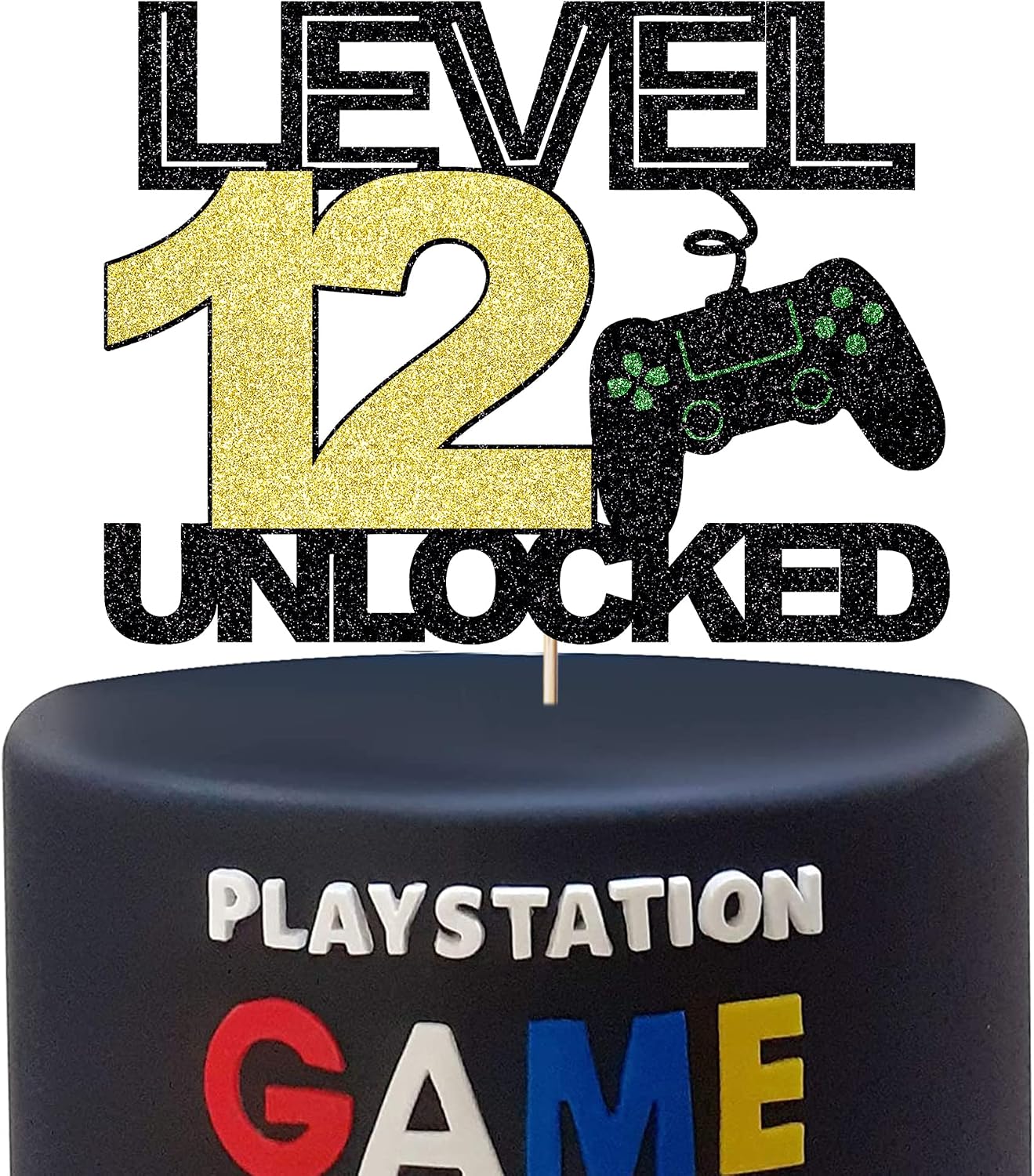 level 12 unlocked cake topper official teenager 12th birthday cake decoration, video game controller theme happy birthday party decoration, black gold glitter cake decoration