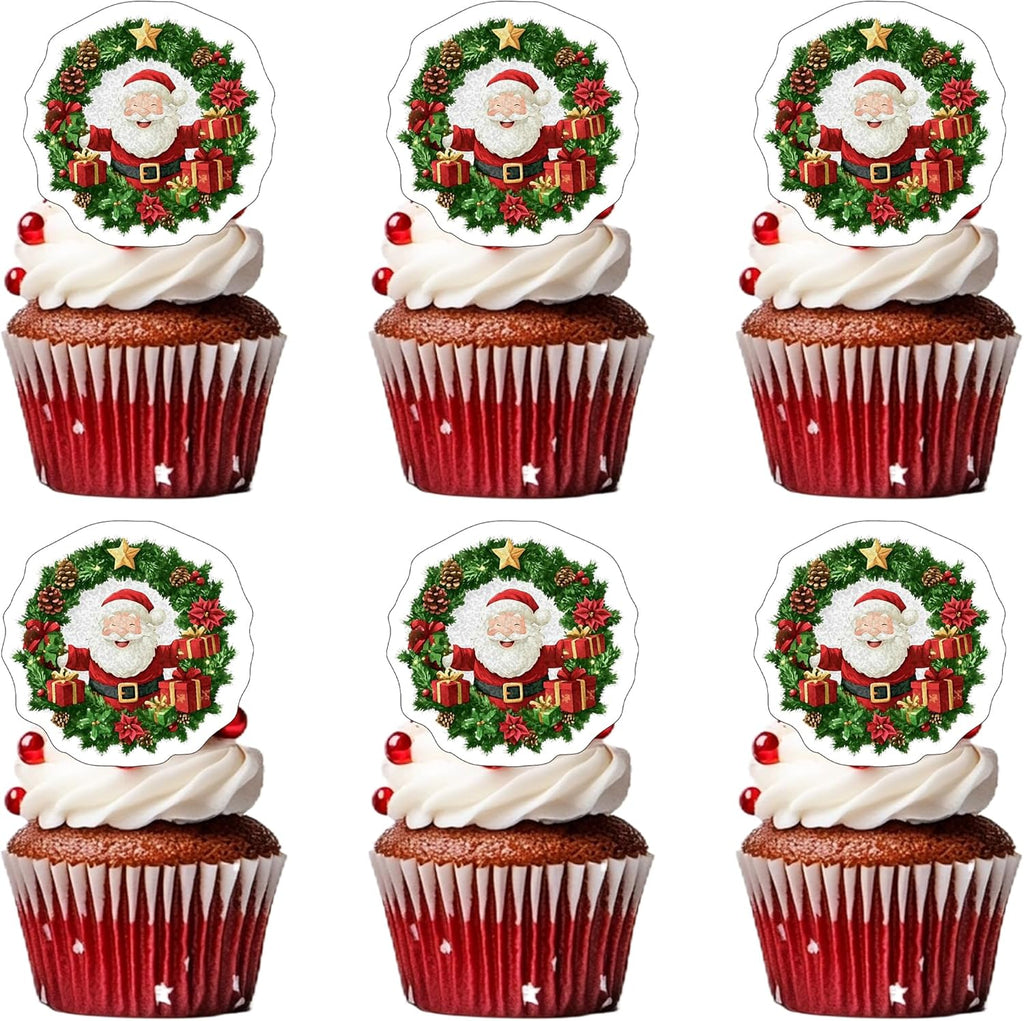 50 PCS Edible Merry Christmas Wreath Cake Decorations Edible Xmas Santa Claus Party Cake Toppers Wafer Paper Christmas Decorations for Xmas Themed Baby Shower Birthday Party Cake Decorations Supplies