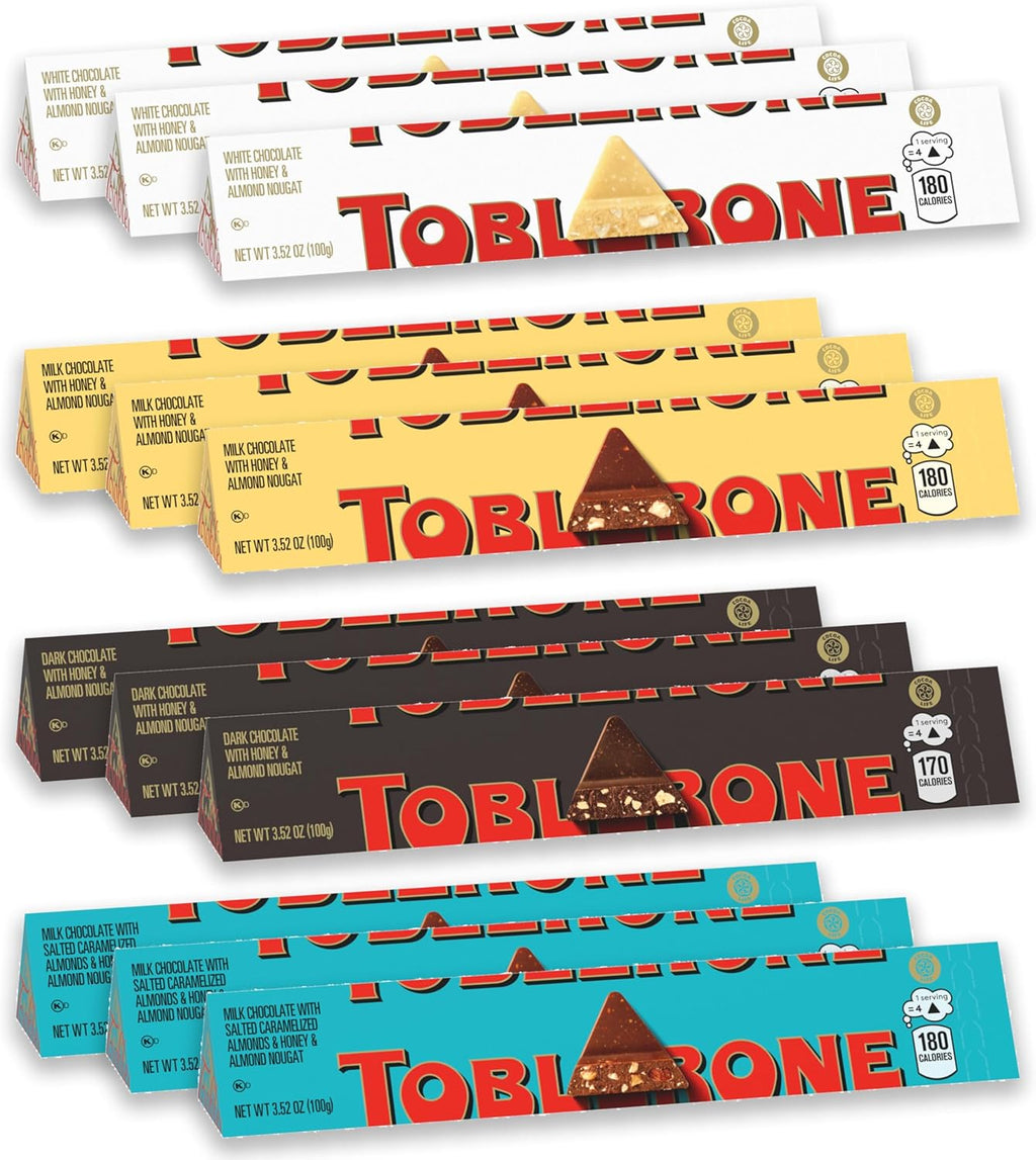 TOBLERONE Assorted Chocolate Bars Variety Pack (Milk, Dark, White, & Salted Caramelized Almonds), Bulk Chocolate, 12 - 3.52 oz Bars