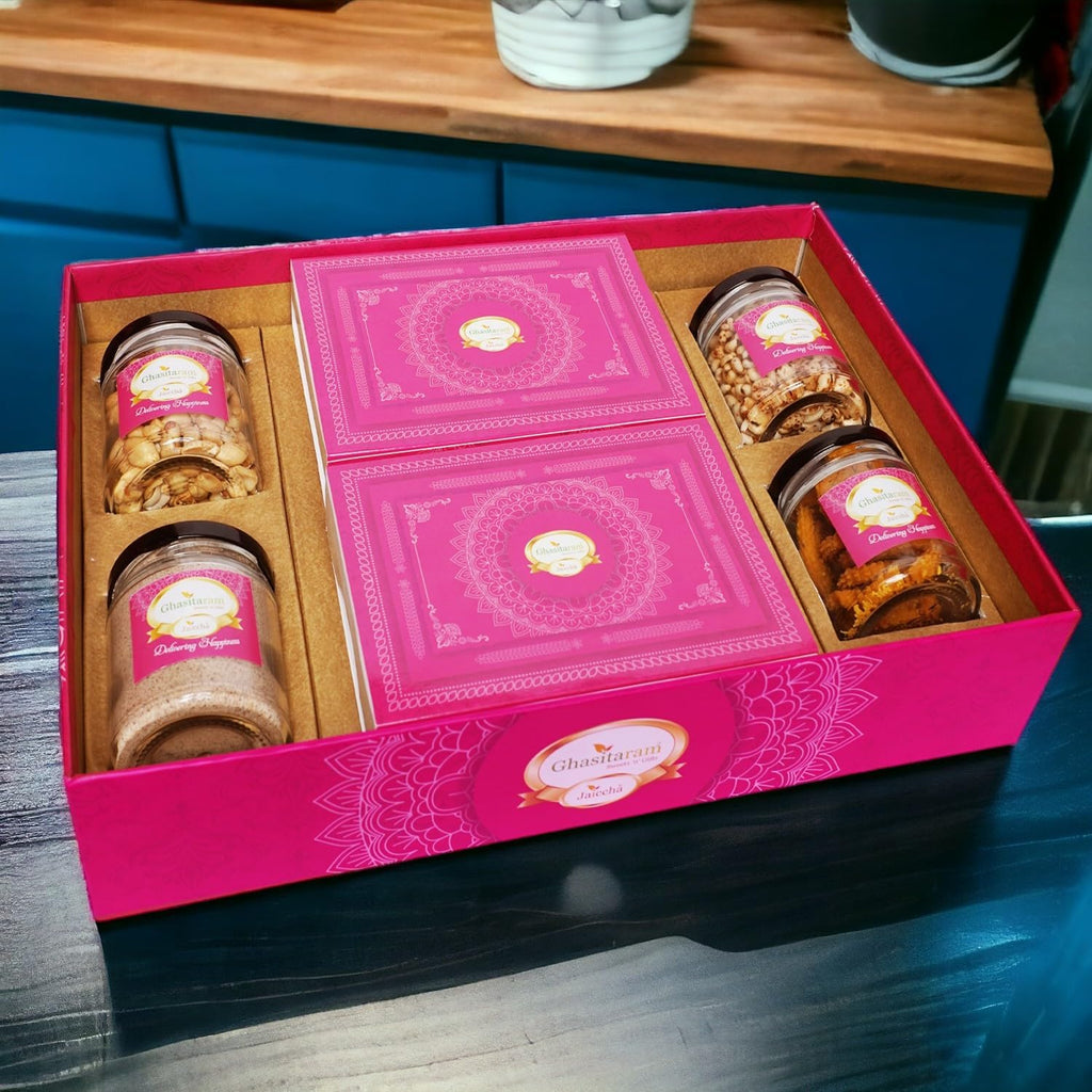 Ghasitaram Gifts Jaiccha Holi- Sweets/Holi Hampers/Thandai Ghasitaram Big Hamper Tray of Sugarfree Gujiyas, Thandai, Peanuts, Wheat Puffs, Moong Chakli