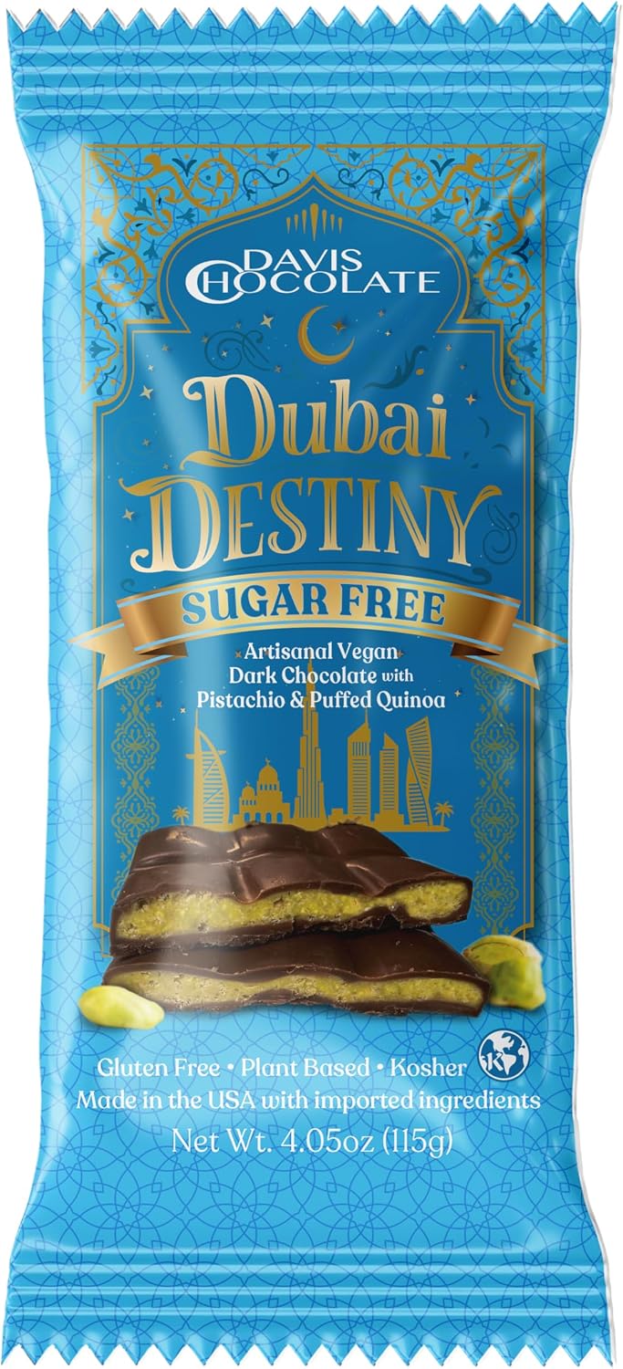 Davis Chocolate Dubai Destiny Sugar Free Vegan Dark Chocolate Bar, Pistachio & Puffed Quinoa, Gluten Free, Kosher, 4.05oz (1 Bar, SF - Dark Vegan)