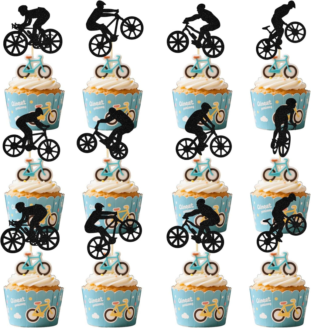 24Pcs Bike Cupcake Topper Bicycle Cupcake Topper Mountain Bike Birthday Party Decoration Sport Theme Birthday Bachelorette Party Supplies Double-Side Black Glitter