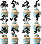 24Pcs Bike Cupcake Topper Bicycle Cupcake Topper Mountain Bike Birthday Party Decoration Sport Theme Birthday Bachelorette Party Supplies Double-Side Black Glitter