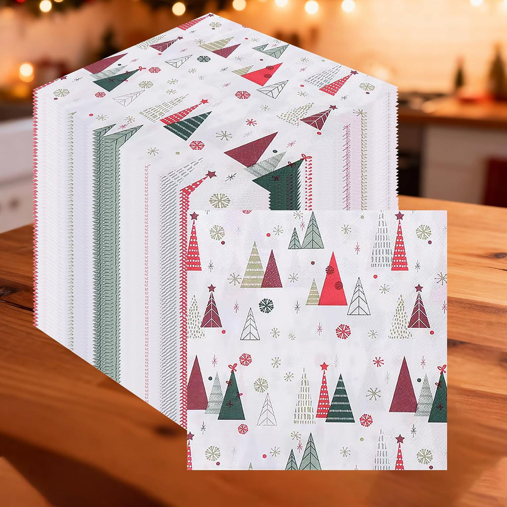 Christmas Party Paper Napkins Xmas Serviette Napkin 2 Ply Disposable Paper Napkins 33cm x 33cm Holiday Cocktail Napkins for New Year Dinner Party Supplies Decoration - Xmas Tree Printed White, 100pcs