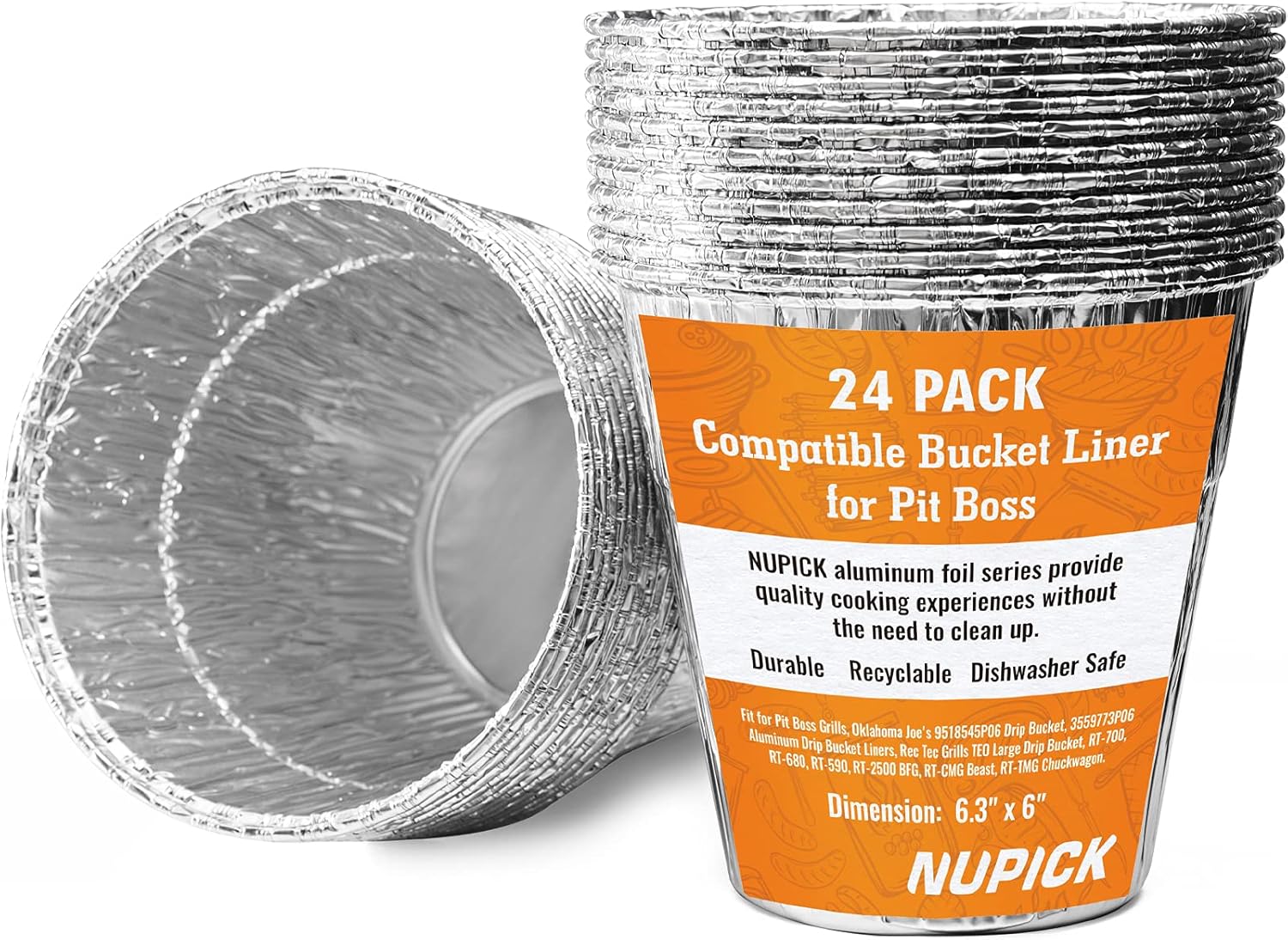 NUPICK 24 Pack Grease Bucket Liner Compatible for Pit Boss Grills 67292 Foil, Oklahoma Joe's 9518545P06, Z Grill Bucket, Recteq Large Bucket, etc. 6.3” x 6.0”, Disposable Aluminum