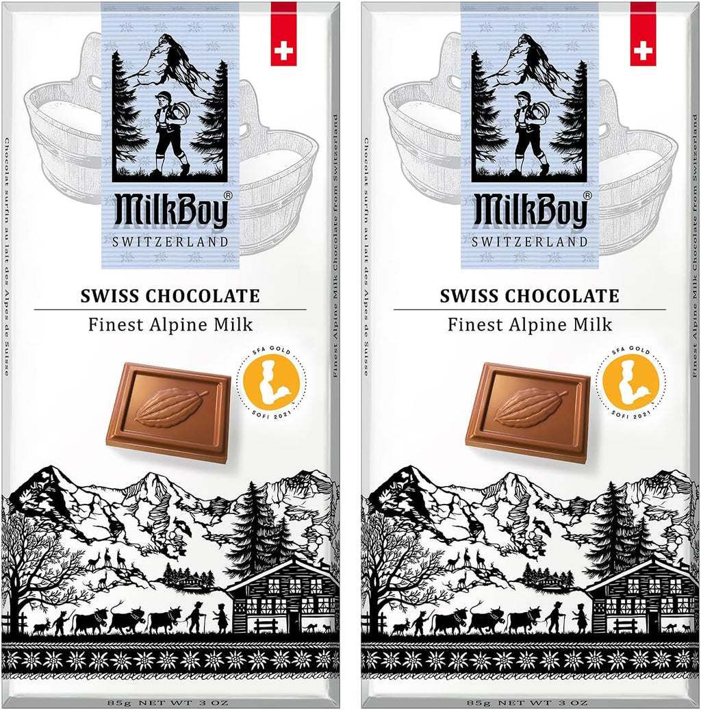 Milkboy Swiss Chocolates Chocolate Bars - Premium Swiss Alpine Milk Chocolate - Smooth European Milk Chocolates Gift - Sustainably Farmed Cocoa - Gluten Free - 3 oz, Pack 2