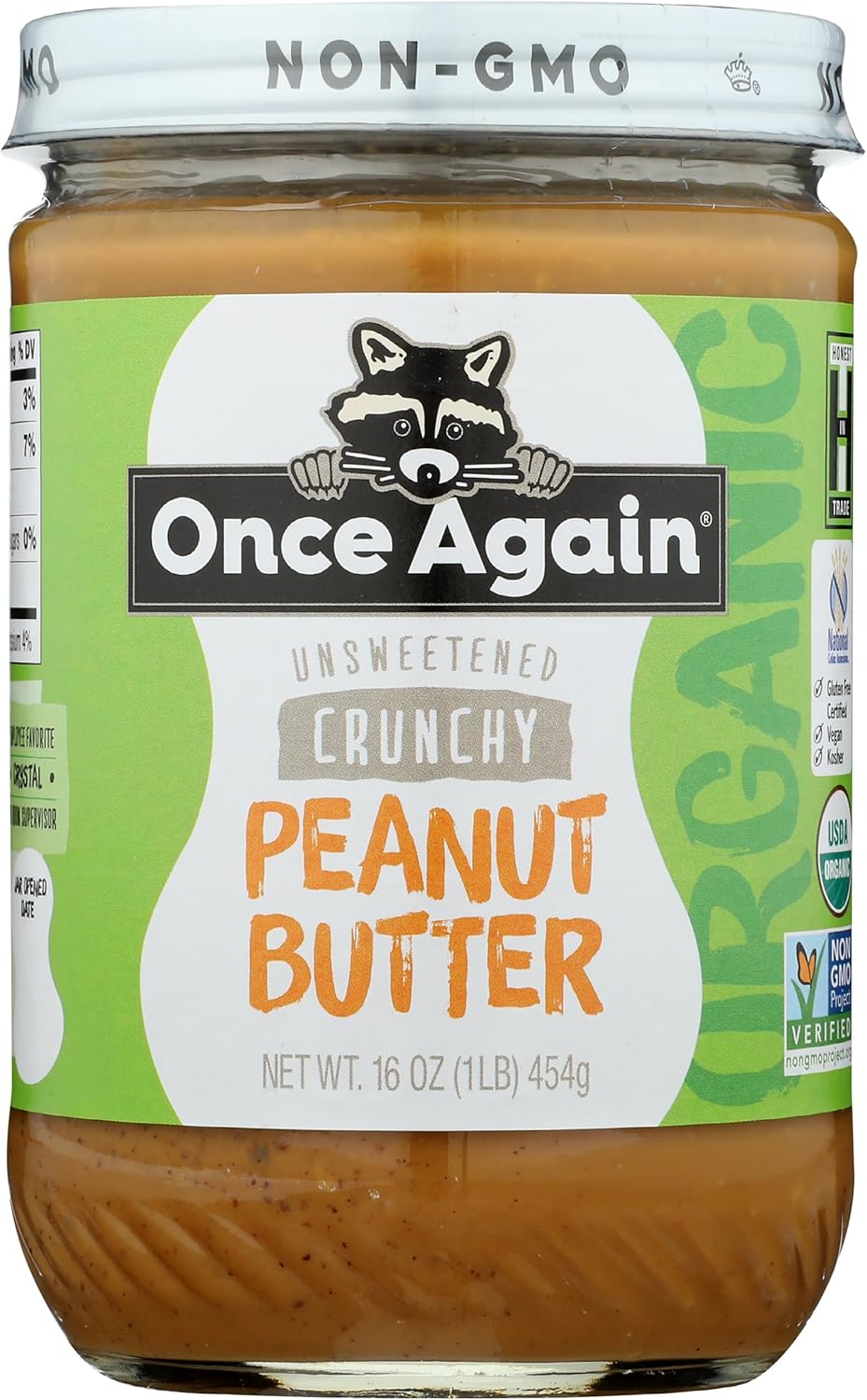 Once Again Organic Crunchy Peanut Butter, 16oz - Lightly Salted, Unsweetened - USDA Organic, Gluten Free Certified, Vegan, Kosher - Glass Jar