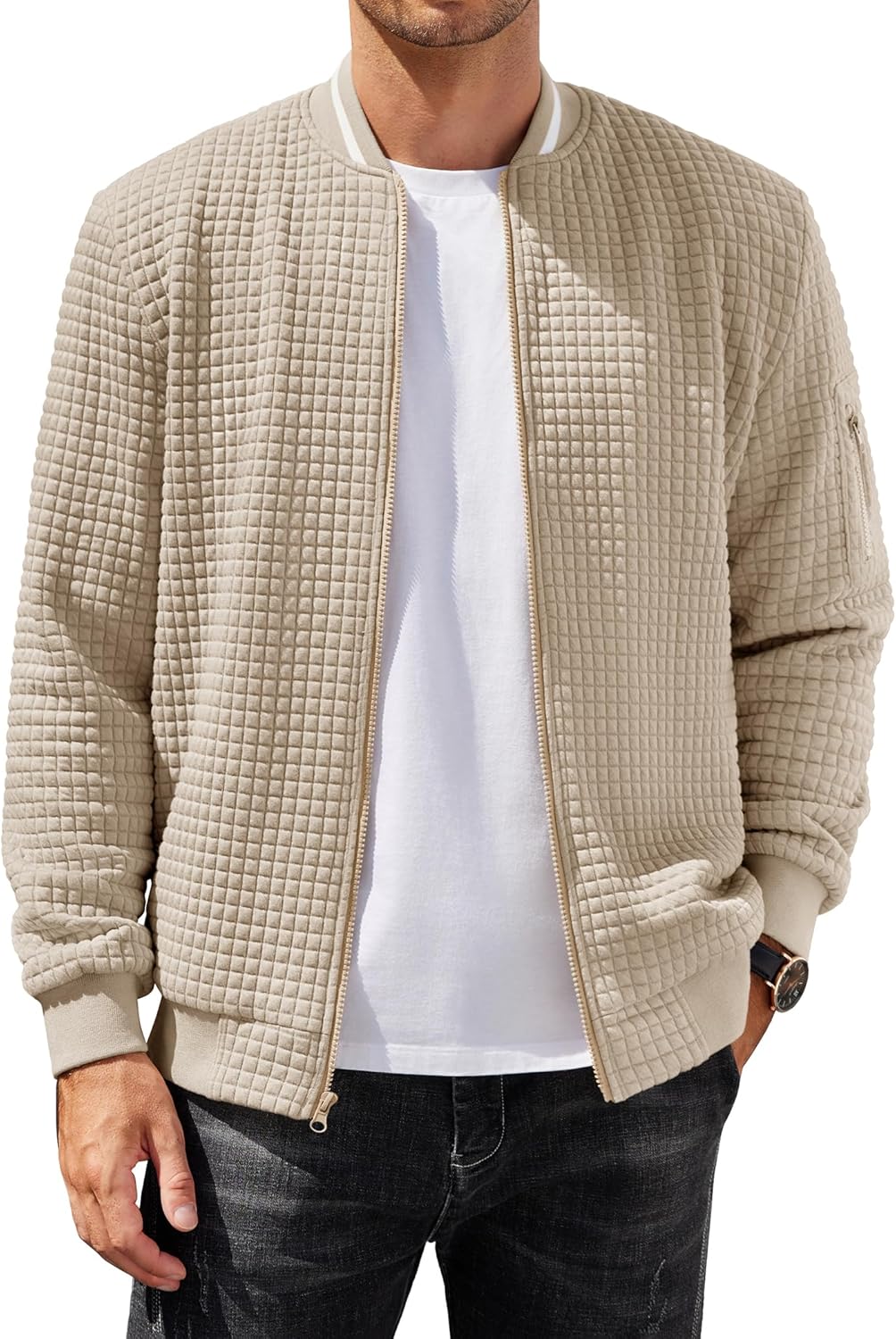 COOFANDY Mens Zip Up Sweater Jacket Waffle Sweatshirt Knit Bomber Lightweight Casual Jackets