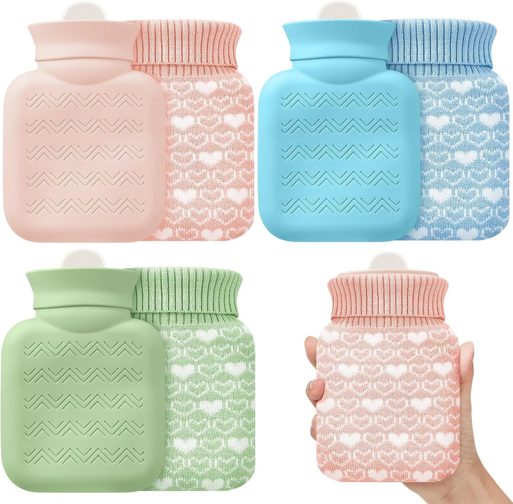 Amylove 3 Pcs Mini Hot Water Bottle with Knitted Cover 320ml, Mother's Gift Water Bag for Women, Microwave Heating Bottle for Pain Relief Menstrual Cramps Travel(Pink, Blue, Green,Heart Print)