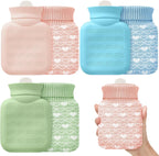 Amylove 3 Pcs Mini Hot Water Bottle with Knitted Cover 320ml, Mother's Gift Water Bag for Women, Microwave Heating Bottle for Pain Relief Menstrual Cramps Travel(Pink, Blue, Green,Heart Print)
