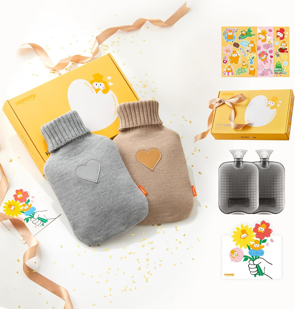 samply 2L Hot Water Bottle, 2 Packs Hot Water Bag with 2 Knitted Covers for Pain Relief, Birthday ldeas Gifts for Women, Daughter, Grandma, Sister, Wife (Grey&Khaki)