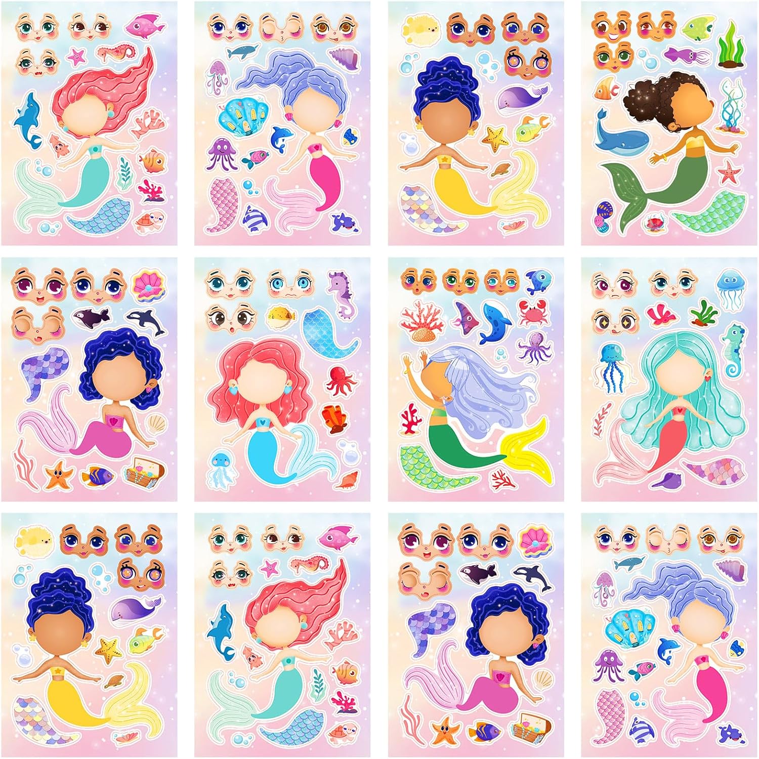 24 Sheets 8.27''×5.9'' Make Your Own Mermaid Stickers for Kids Toddlers, Make a Face Stickers for Kids Party Favors Activities