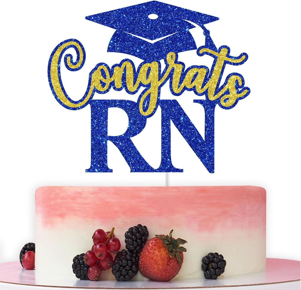 Congrats RN Cake Topper, RN Graduation Cake Decorations, Congrats Nurse BSN RN Decor, 2026 Medical Nursing School Graduation Party Decorations (Blue and Gold)