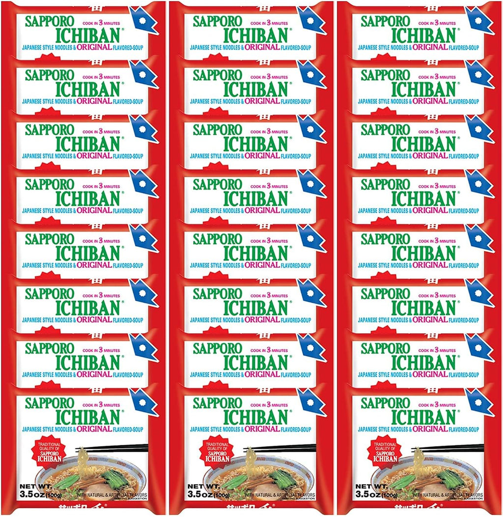 stickerless New [SAPPORO ICHIBAN] Ramen Noodles, Original Soy Sauce Flavor, No.1 Tasting Japanese Instant Noodles (3.5 Oz) (24 pouches)