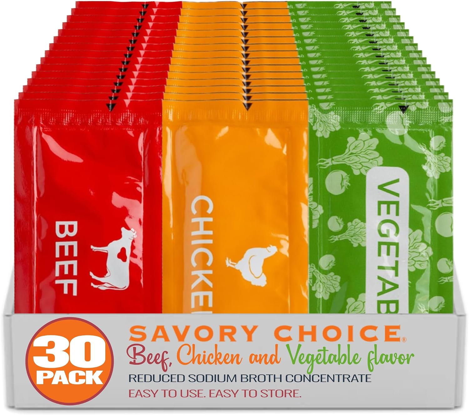 SAVORY CHOICE Reduced Sodium Beef, Chicken and Vegetable Broth Concentrate, 30 Packets (10/Flavour - 9.6g) - Gluten-Free, Diary-Free Broth Concentrate