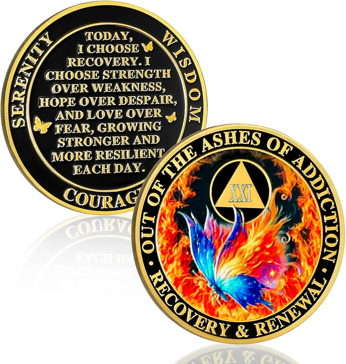 Butterfly in the Fire 21 Year Sobriety Coin, Recovery & Renewal AA Medallion - Celebrating Recovery Anniversary Tokens, Alcohol Free Sobriety Gifts for Women Men