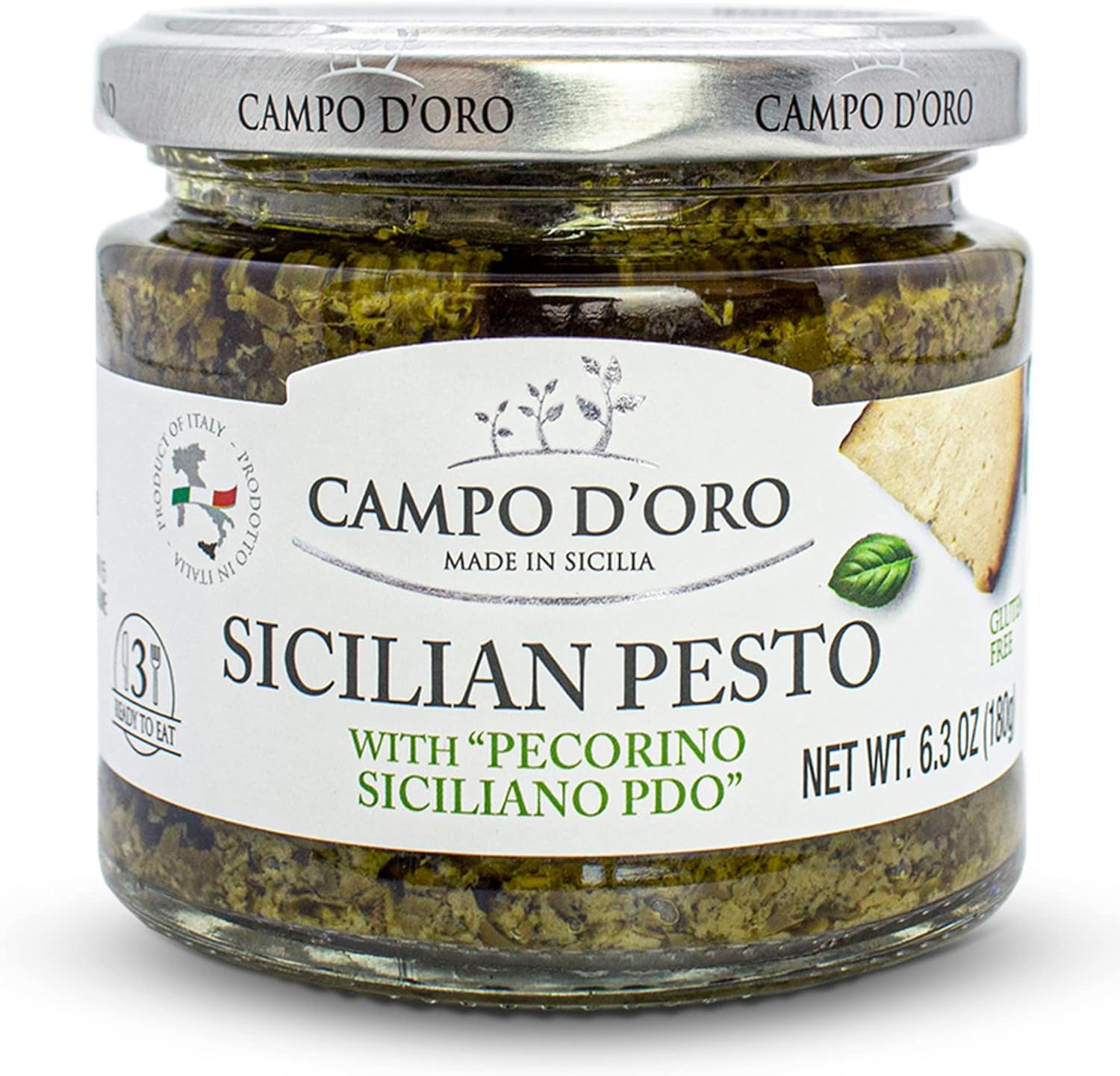 CAMPO D'ORO - Basil Pesto with Pecorino, Sicilian Creamy Pesto Recipe. Net Wt 6.35 oz (180g)