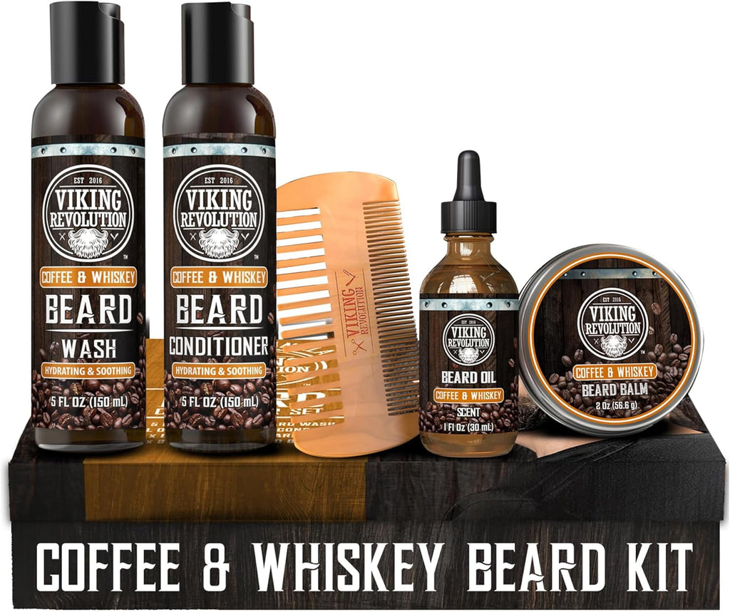 Viking Revolution Ultimate Conditioner for Men's Beard Grooming - Softens, Smoothes and Soothes - Contains Beard Wash and Conditioner (5oz Set), Beard Oil, Balm and Wooden Comb - Coffee Whiskey Scent