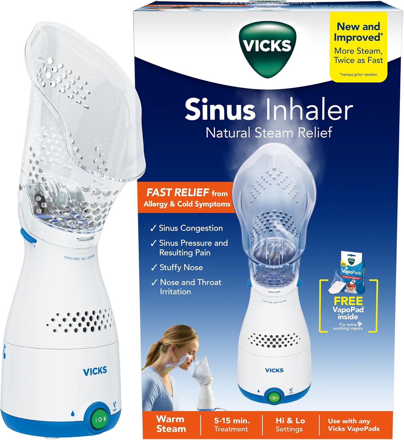 Vicks Sinus Inhaler, New & Improved Non-Medicated Steam Inhaler for Sinus Relief, Allergies, Congestion & Colds, Vocal Steamer, Soothes Nasal & Throat Passages, Works with VapoPads (1 Included)