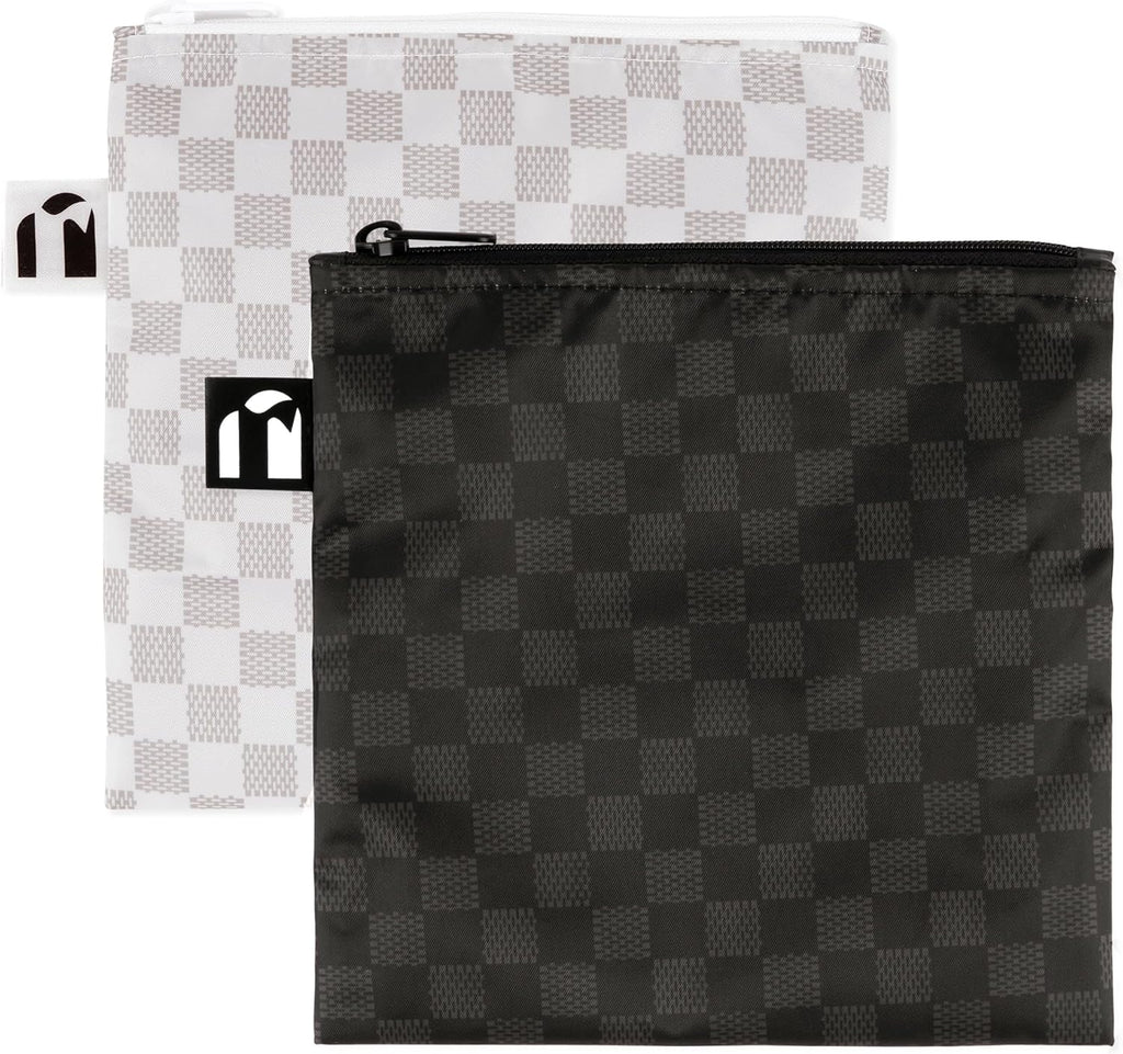 Bumkins Roamio Reusable Sandwich and Snack Bags, for Kids School Lunch and for Adults Portion, Washable Fabric, Waterproof Cloth Travel Pouch, Food-Safe Storage, Large 2-pk Black Check and Off White