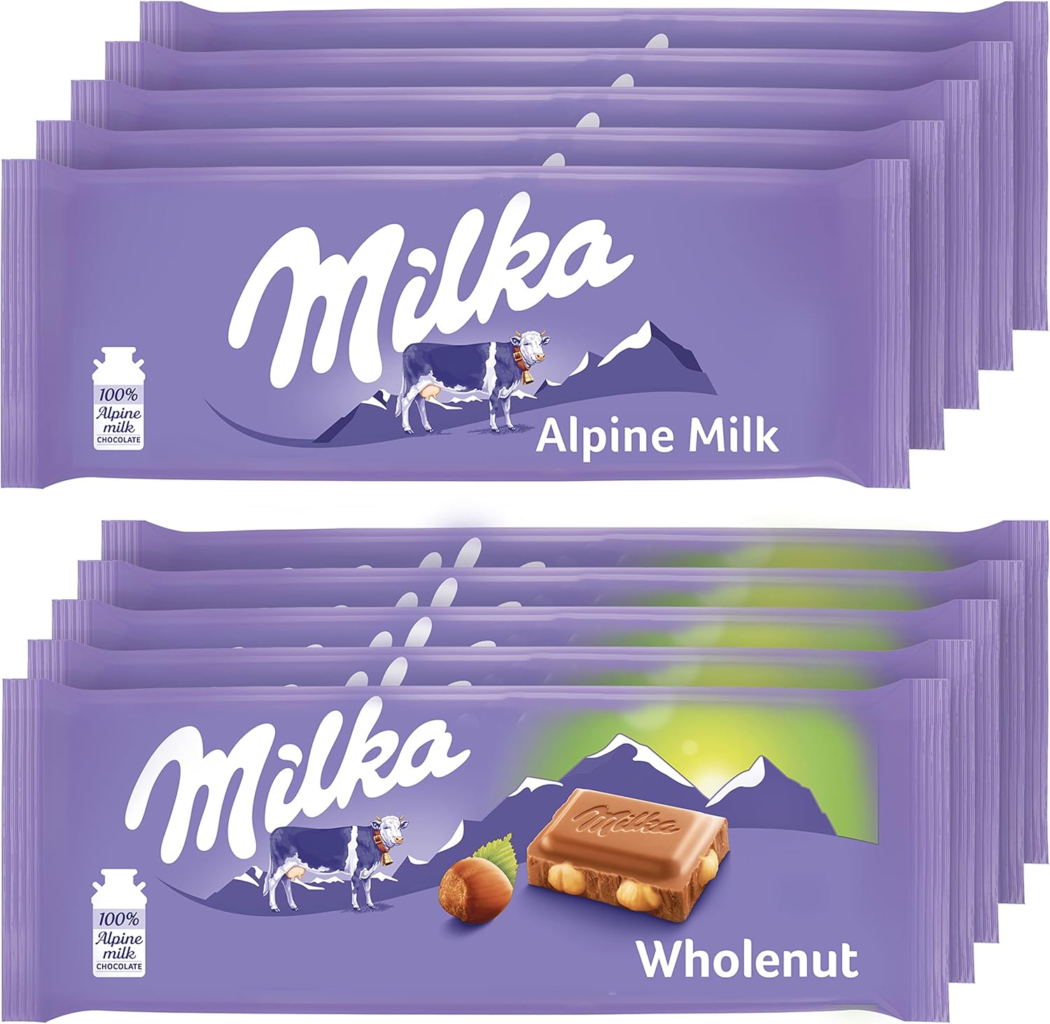 Milka European Chocolate Bars Variety Pack, Alpine Milk Chocolate & Wholenut Hazelnut Chocolate, 10 - 3.52 oz Bars