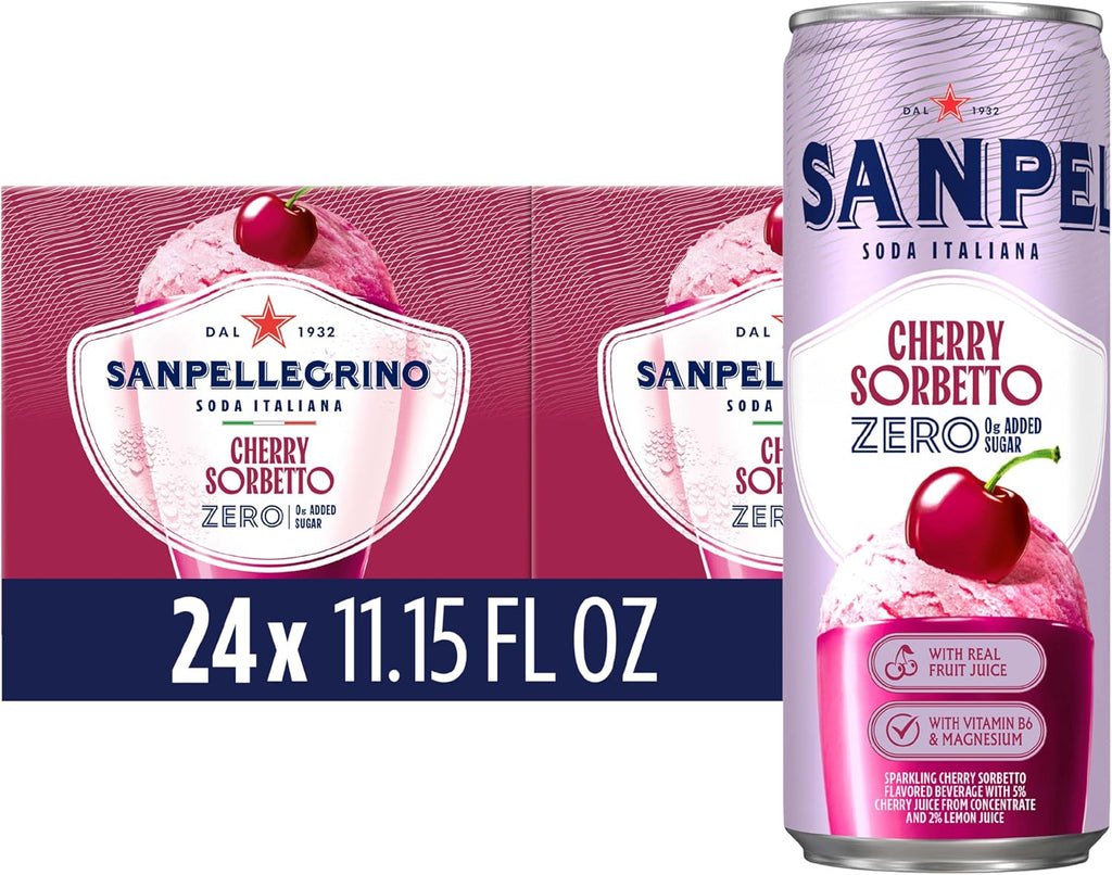 Sanpellegrino Soda Italiana Cherry Sorbetto Italian Sparkling Drink, 0g Added Sugar, Real Fruit Juice, Italian Soda Sparkling Beverage, 24-Pack