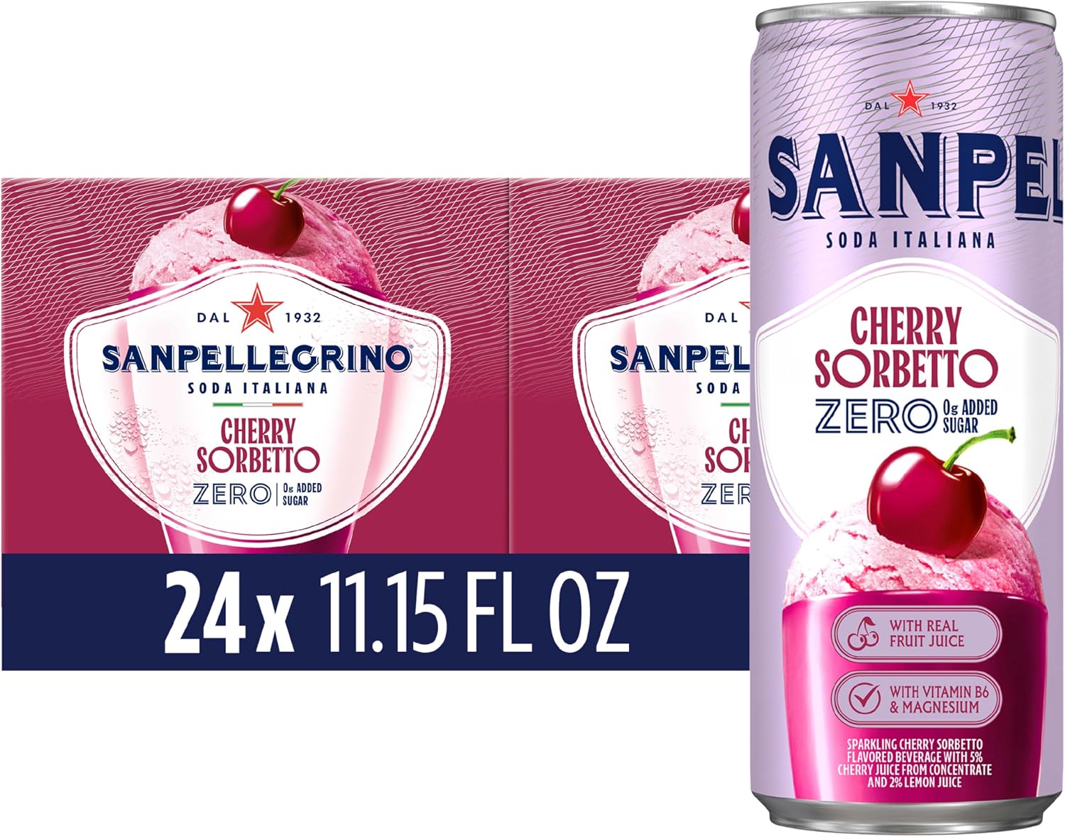 Sanpellegrino Soda Italiana Cherry Sorbetto Italian Sparkling Drink, 0g Added Sugar, Real Fruit Juice, Italian Soda Sparkling Beverage, 24-Pack