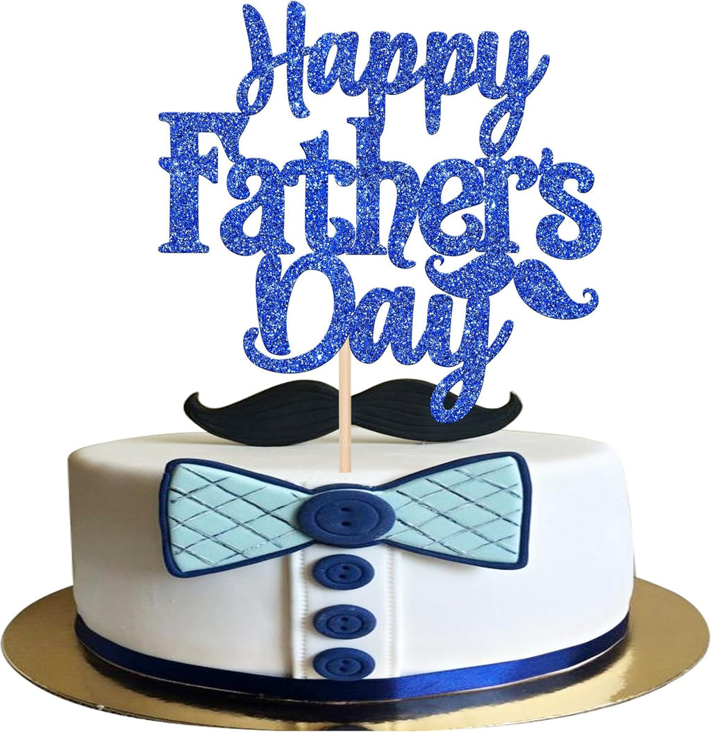 1 PCS Happy Father's Day Cake Topper with Glitter Moustache Love Father Best Super Dad Cake Pick Decorations for Happy Father's Day Theme Men Birthday Party Supplies Blue