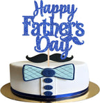 1 PCS Happy Father's Day Cake Topper with Glitter Moustache Love Father Best Super Dad Cake Pick Decorations for Happy Father's Day Theme Men Birthday Party Supplies Blue