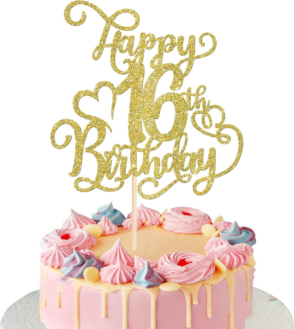 Rsstarxi 1 Pack Gold Glitter Happy 16th Birthday Cake Topper Cheers to 16 Years Old 16 Fabulous Cake Pick 16th Birthday Cake Decoration for Happy 16th Birthday Anniversary Party Decorations