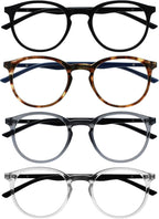 OPULIZE MET Reading Glasses for Women Men, Slim Round Frame with Spring Hinges and Scratch Resistant, Black,Brown,Grey,Clear +3.5 (Pack of 4)