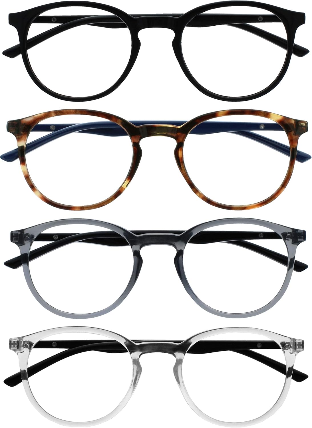 OPULIZE MET Reading Glasses for Women Men, Slim Round Frame with Spring Hinges and Scratch Resistant, Black,Brown,Grey,Clear +3.5 (Pack of 4)