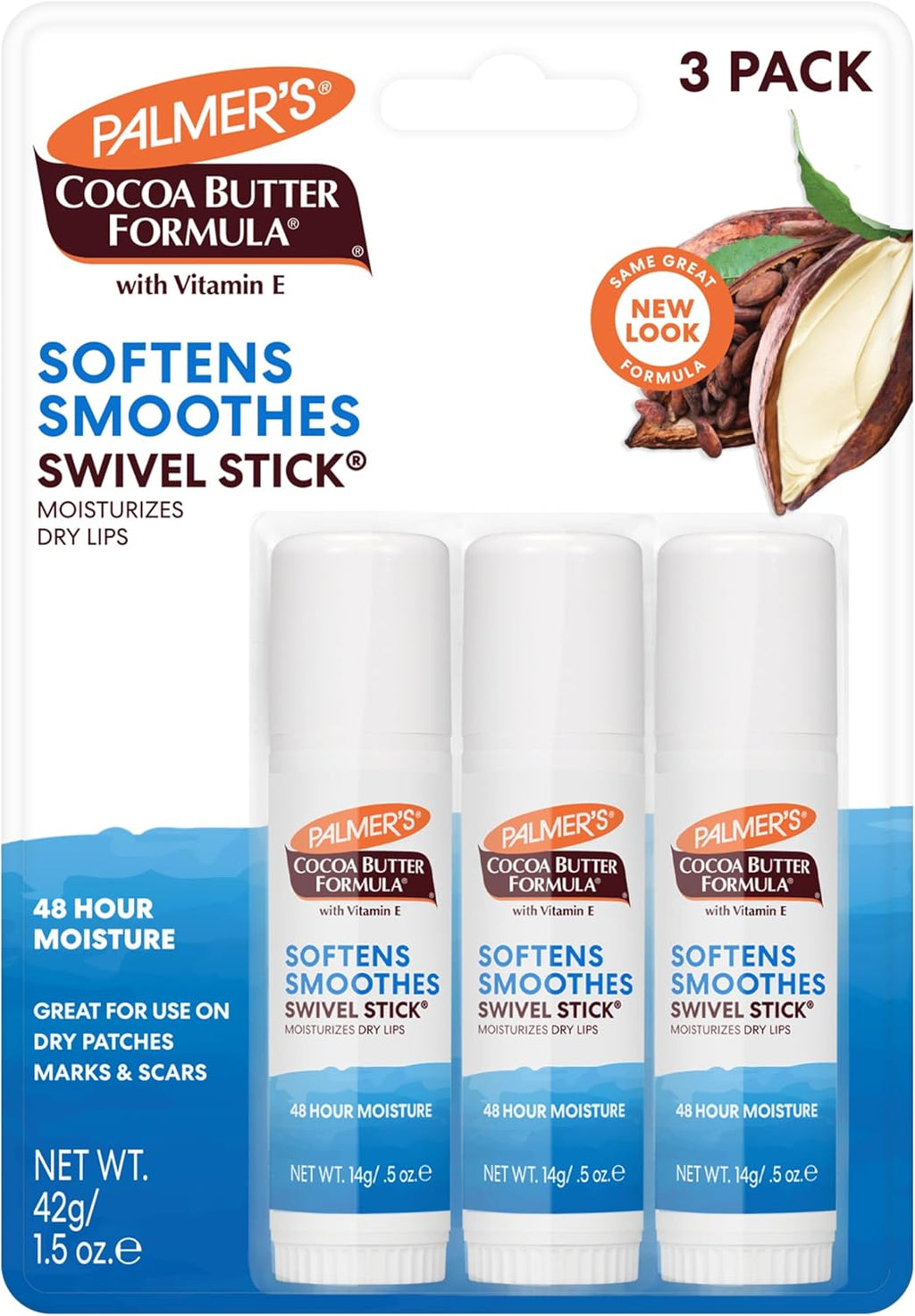 Palmer's Cocoa Butter Formula Moisturizing Swivel Stick with Vitamin E, Lip Balm for Valentine's Day, Face & Body Moisturizer Stick, Ideal for Treating Dry Skin Patches (Pack of 3)