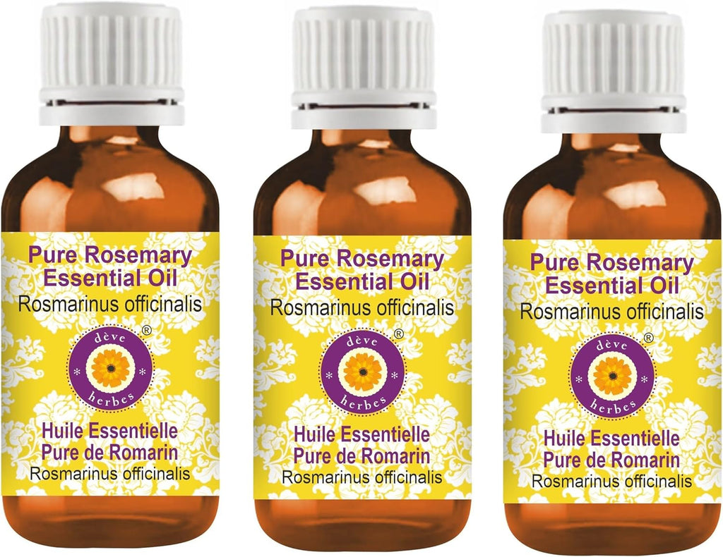 Deve Herbes Pure Rosemary Essential Oil (Rosmarinus officinalis) Steam Distilled (Pack of Three) 100ml X 3 (10 oz)