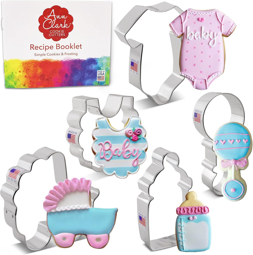 Ann Clark 5-Pc. Baby Shower Cookie Cutter Set, Made in USA, Baby Bottle, Rattle, Onesie, Carriage and Bib