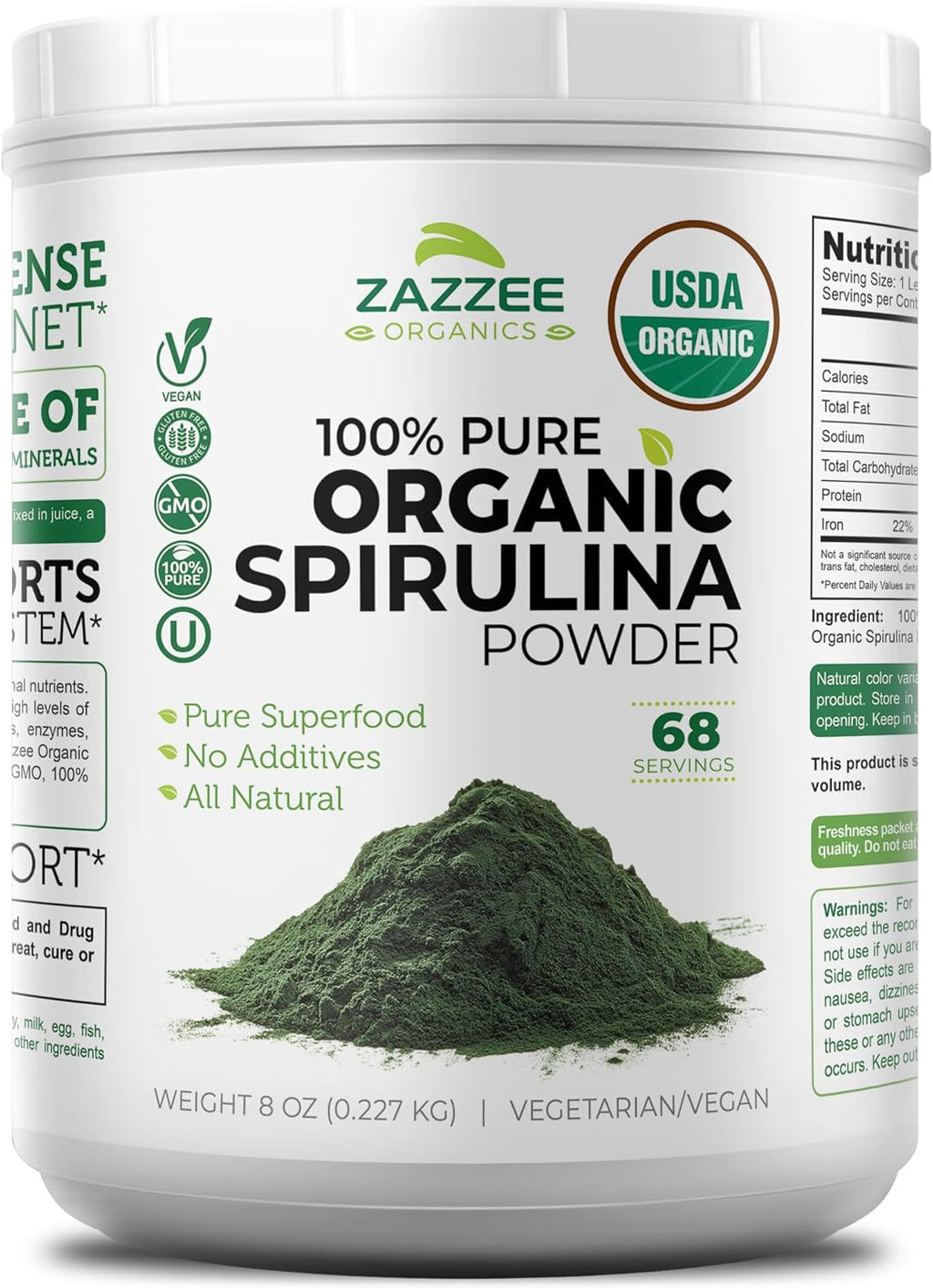 Zazzee USDA Organic Spirulina Powder, 8 Ounces, 68 Servings, Certified Kosher, 100% Pure, Non-Irradiated, Mess-Free Wide Mouth Container, Fresh Smell and Neutral Taste, Non-GMO, Made in the USA