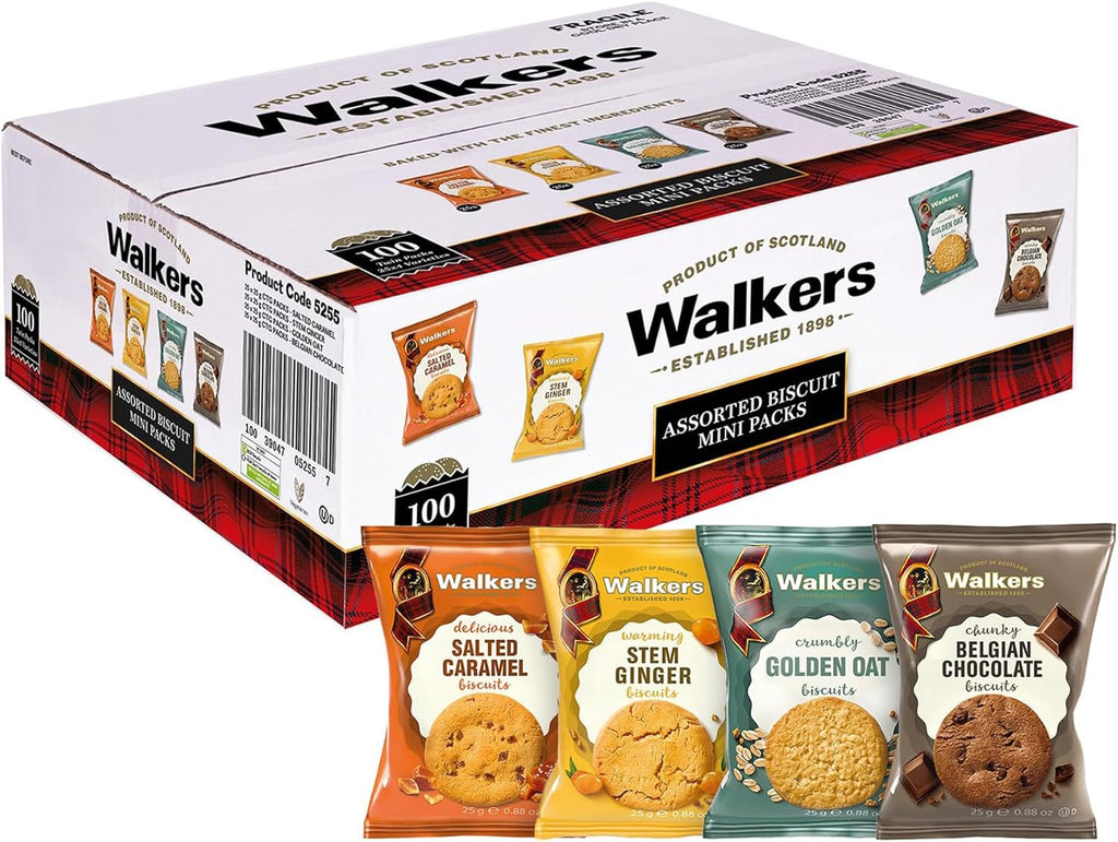 Walker’s Assorted Scottish Cookie Variety Pack - 100 Snack Packs (2 Cookies Each) - Includes Belgian Chocolate, Stem Ginger, Salted Caramel & Golden Oat Cookies