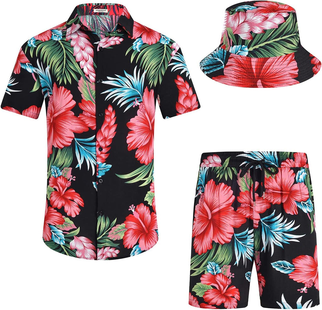 EISHOPEER Men's Flower Hawaiian Sets Casual Short Sleeve Shirt and Shorts Suits Outfits with Bucket Hats