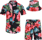 EISHOPEER Men's Flower Hawaiian Sets Casual Short Sleeve Shirt and Shorts Suits Outfits with Bucket Hats