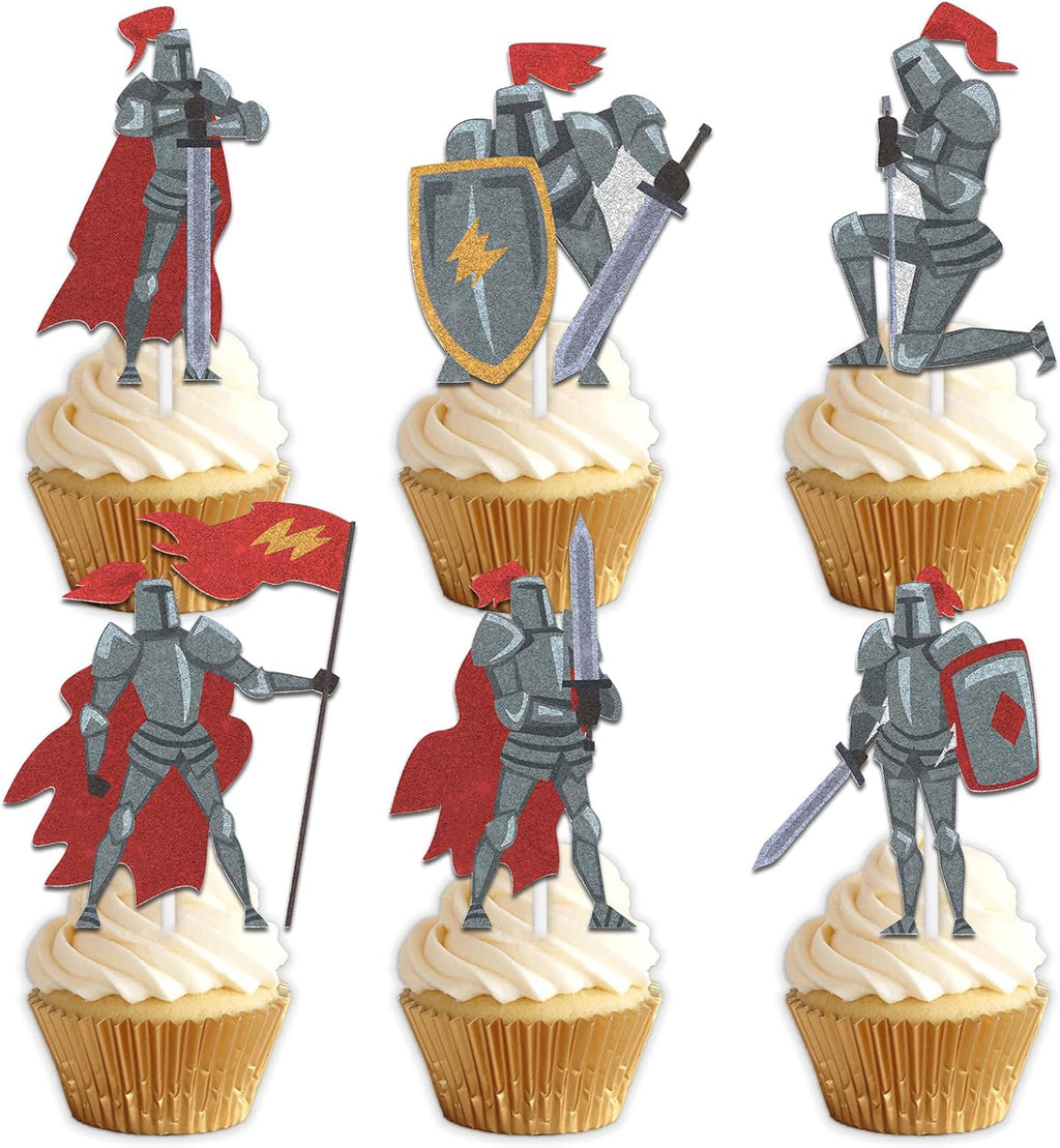 18pcs Glitter Soldier Dessert Cupcake Topper Pick for Medieval Knights Theme Decorations Men Boys Happy Birthday Party Decor Supplies