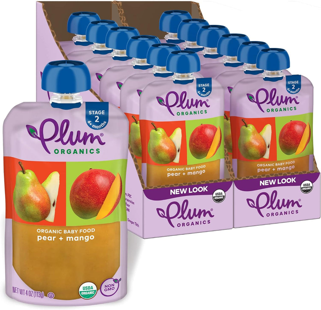 Plum Organics - 6+ Months Organic Baby Food Pouches - Pear & Mango - Non-GMO - Fruit & Veggie Blends On-The-Go Pouches for Baby & Toddler Meals - Quality Tested Ingredients - 4 oz (Pack Of 12)