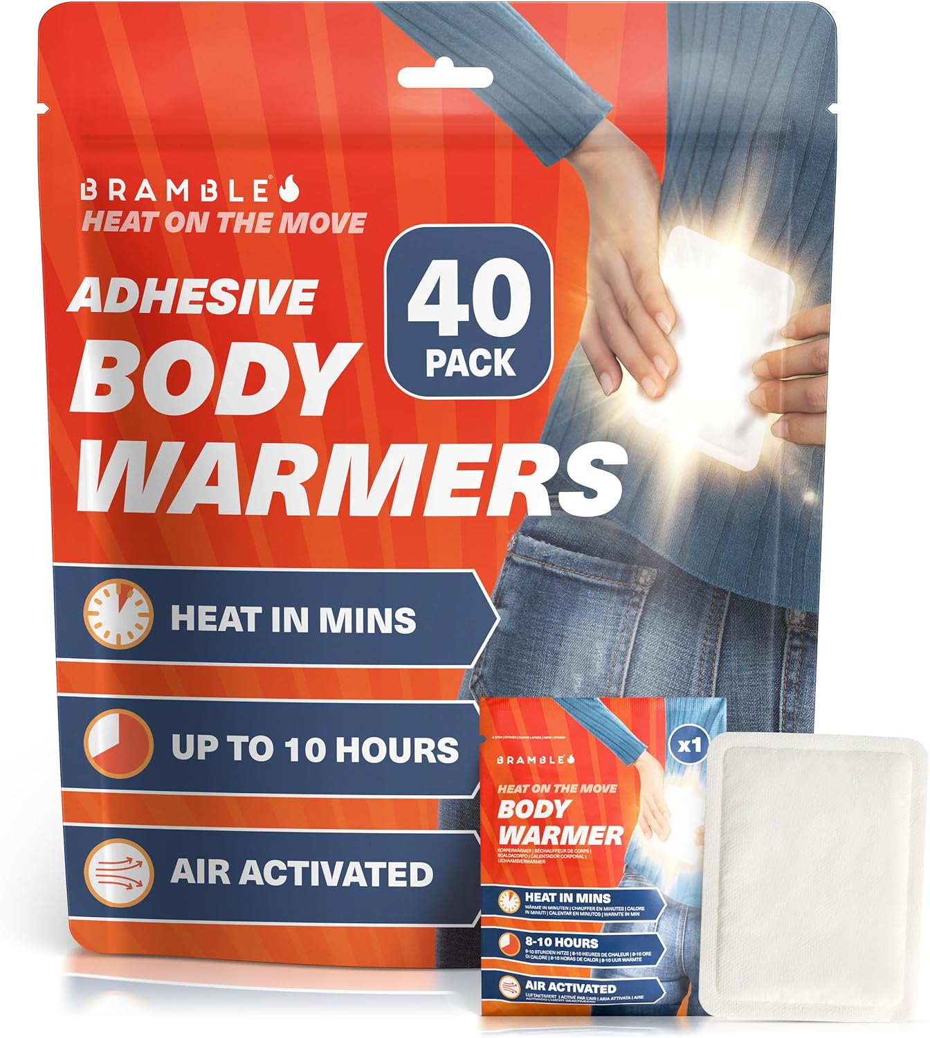 Bramble - Adhesive Body Warmers (40 Pack) - Ultra-Thin Stick-On Patches for Targeted Warmth - Air-Activated & Odour-Free - Up to 10 Hours of Heat