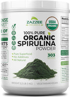 Zazzee USDA Organic Spirulina Powder, 2.2 Pounds (1 KG), 303 Servings, Certified Kosher, 100% Pure, Non-Irradiated, Mess-Free Wide Mouth Container, Fresh Smell and Neutral Taste, Non-GMO, Made in USA