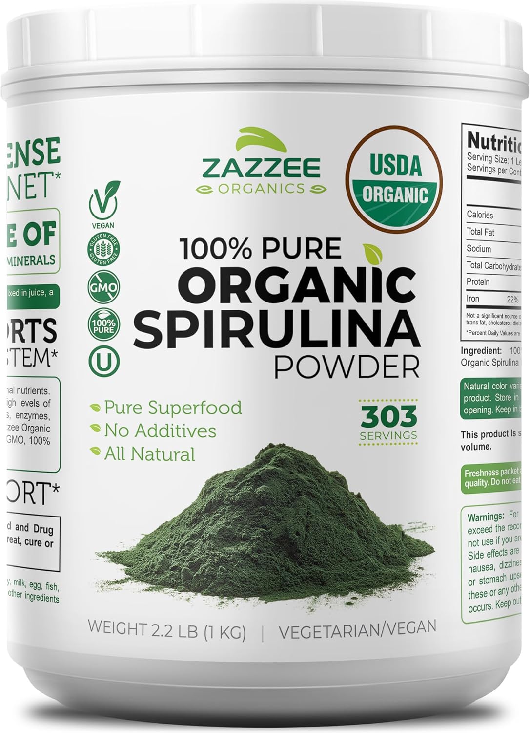 Zazzee USDA Organic Spirulina Powder, 2.2 Pounds (1 KG), 303 Servings, Certified Kosher, 100% Pure, Non-Irradiated, Mess-Free Wide Mouth Container, Fresh Smell and Neutral Taste, Non-GMO, Made in USA