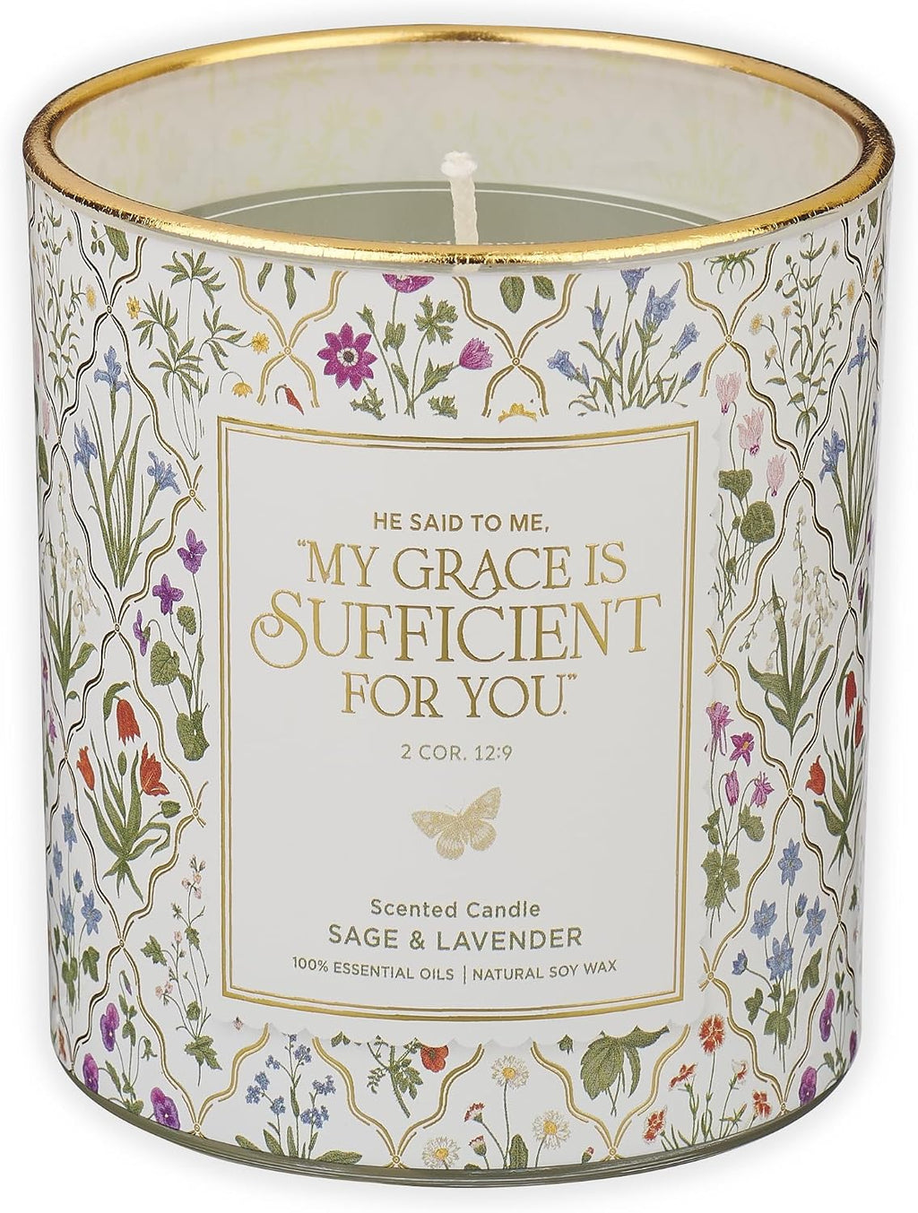 Christian Art Gifts Grace is Sufficient Scented Candle: Soy Wax, Pure Essential Oils, Sage & Lavender Scent, Bible Verse, Floral Design Glass Jar, Encouragement Gift for Women, 40 Hours Burn Time