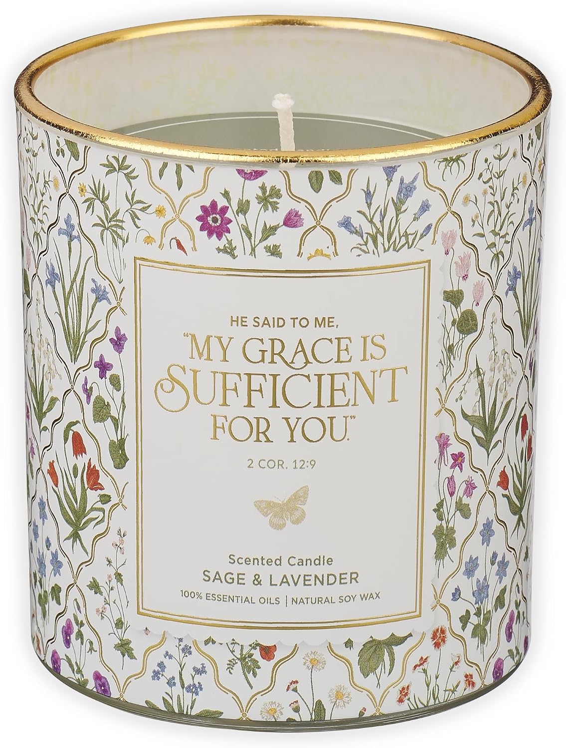 Christian Art Gifts Grace is Sufficient Scented Candle: Soy Wax, Pure Essential Oils, Sage & Lavender Scent, Bible Verse, Floral Design Glass Jar, Encouragement Gift for Women, 40 Hours Burn Time