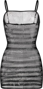 Womens Fishnet Lingerie Sexy Dress Sheer Mesh Bodycon Transparent Striped Babydoll Sleeveless Mini Chemise Stretch Underwear Stripper Outfit Hollow Out Beach Cover Up Black